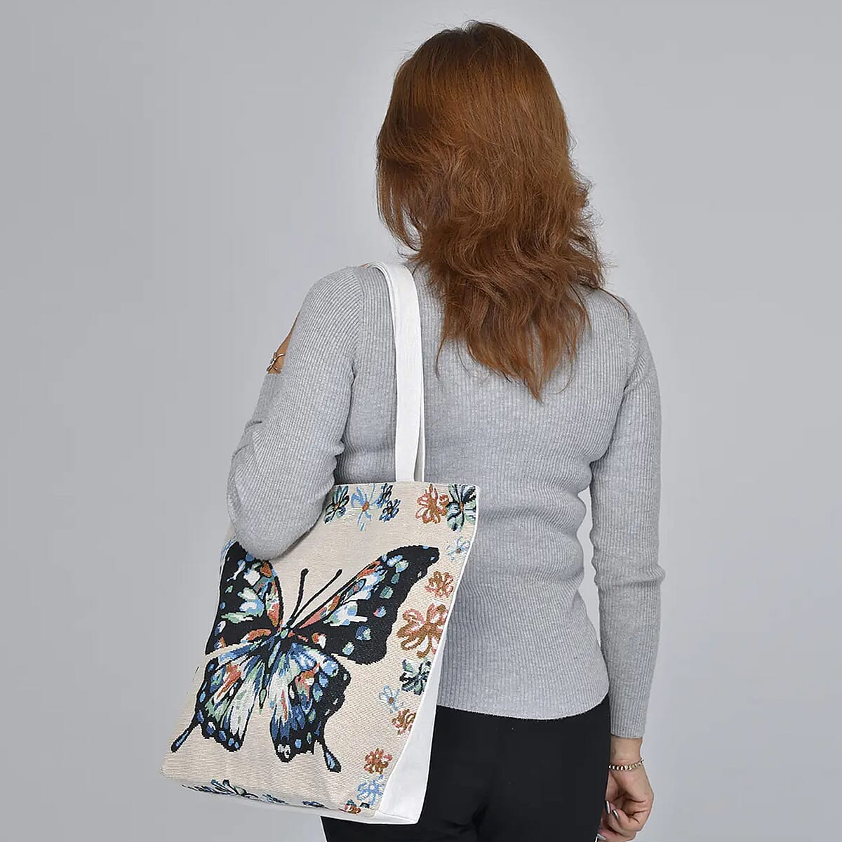 Beige Butterfly Jacquard Pattern Tote Bag | Women's Jute Tote Bag | Women's Work Tote Hand Bag | Ladies Purse image number 2