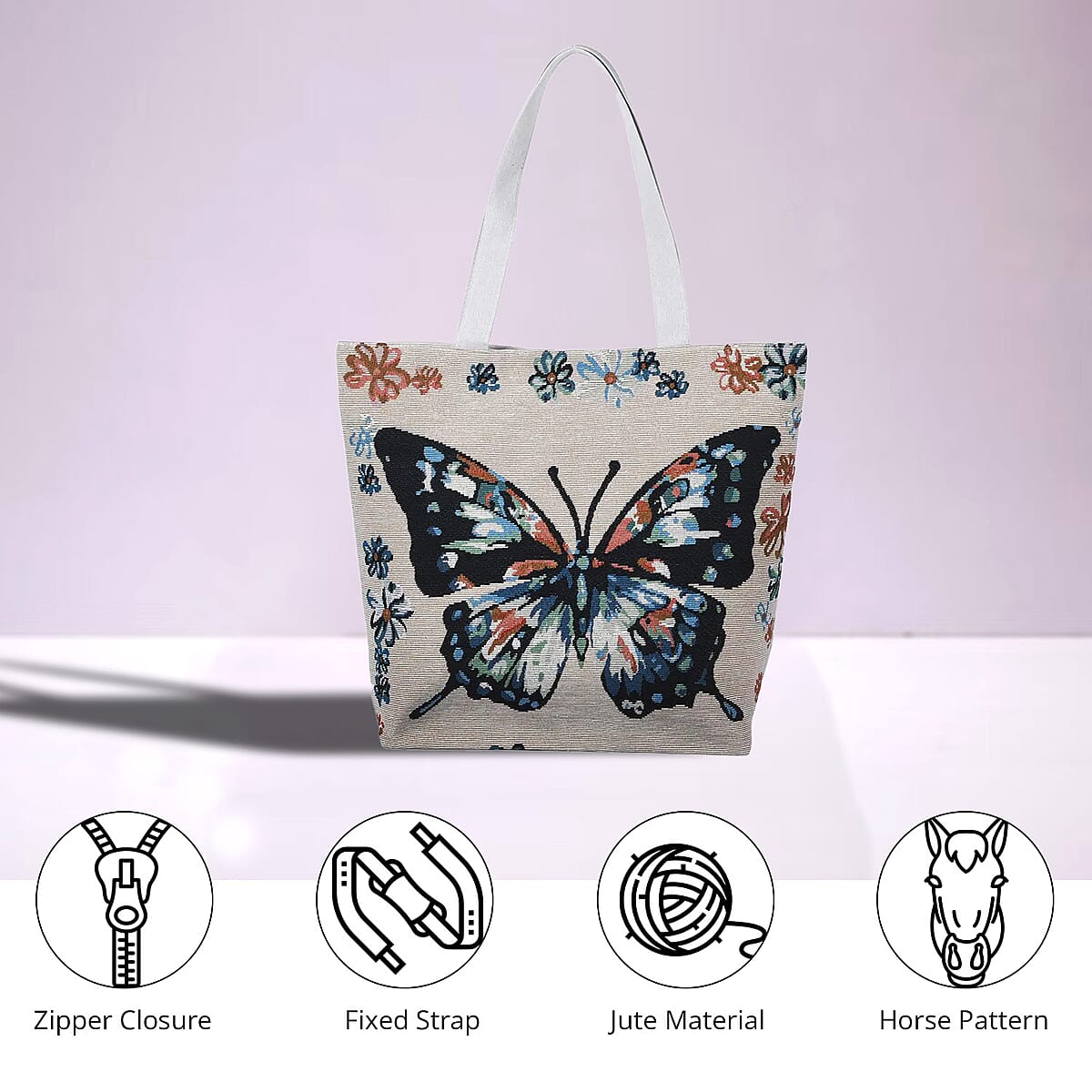 Beige Butterfly Jacquard Pattern Tote Bag | Women's Jute Tote Bag | Women's Work Tote Hand Bag | Ladies Purse image number 3