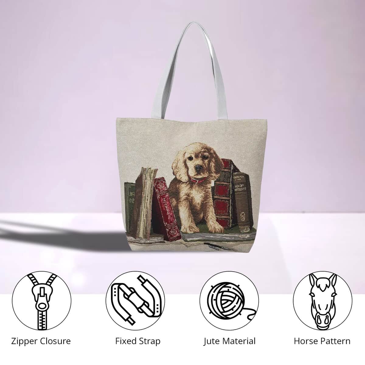 Beige Dog Jacquard Pattern Tote Bag image number 3