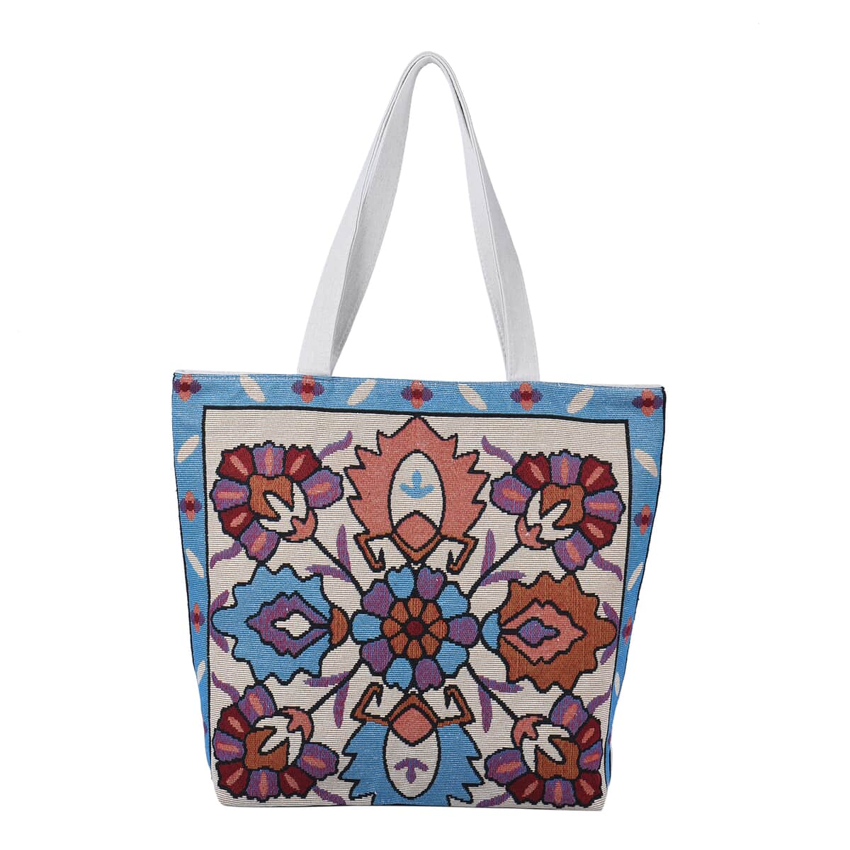 Blue Flower Jacquard Pattern Tote Bag , Women's Jute Tote Bag , Women's Work Tote Hand Bag , Ladies Purse image number 0