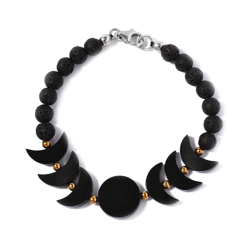 American California Black Jade, Hematite, Lava Beaded Bracelet in Platinum Over Sterling Silver (7.25 In) 57.35 ctw