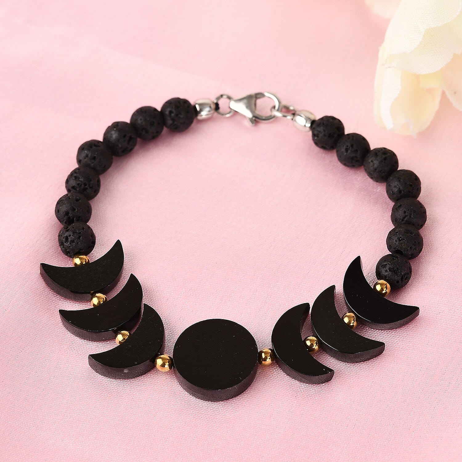American California Black Jade, Hematite, Lava Beaded Bracelet in Platinum Over Sterling Silver (7.25 In) 57.35 ctw