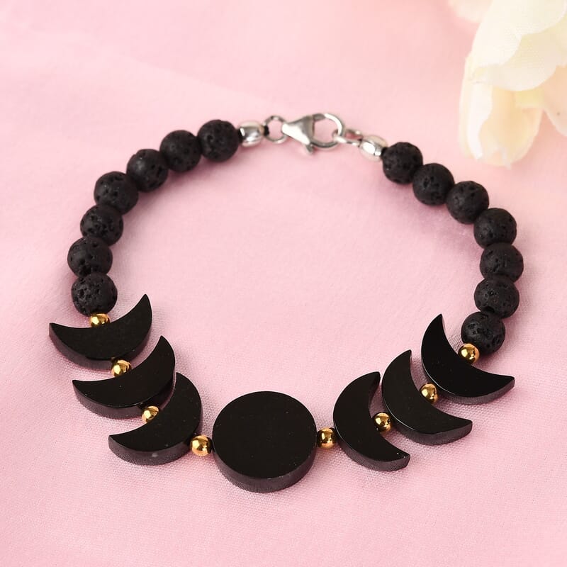 American California Black Jade, Hematite, Lava Beaded Bracelet in Platinum Over Sterling Silver (7.25 In) 57.35 ctw