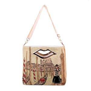 Beige Venice Theme Jacquard Pattern Crossbody Bag for Women with Detachable Shoulder Strap , Shoulder Purse , Crossbody Handbags , Designer Crossbody