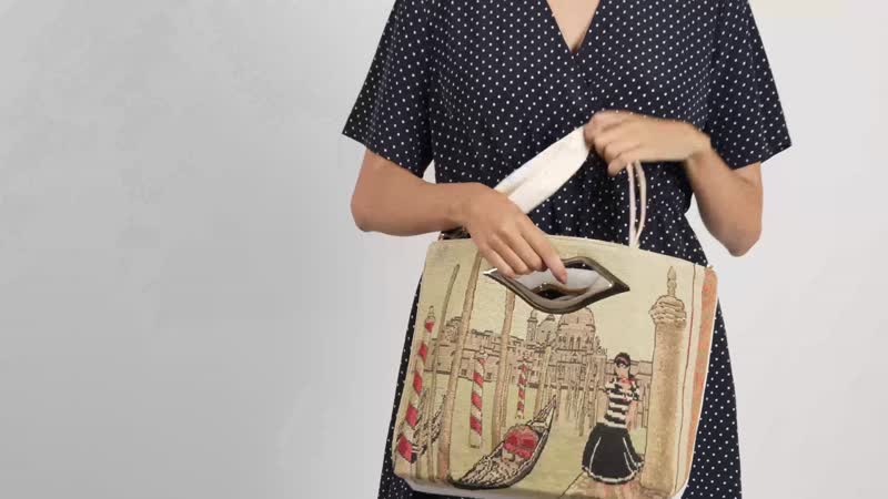 Beige Venice Theme Jacquard Pattern Crossbody Bag (15.35"x3.9"x11.4") with Detachable Shoulder Strap