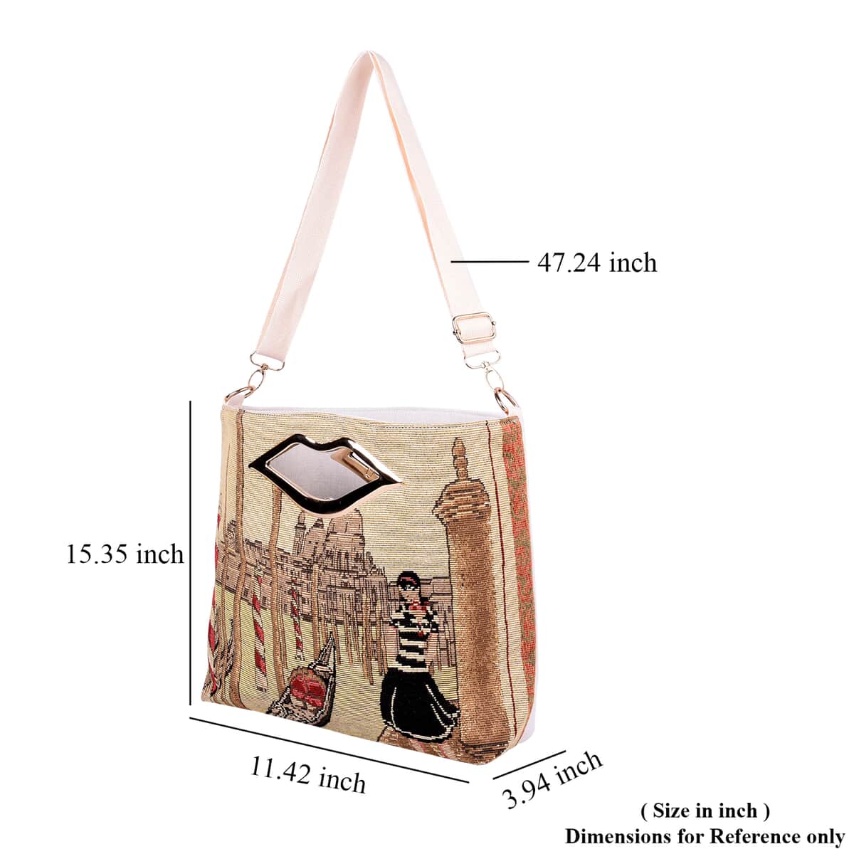 Beige Venice Theme Jacquard Pattern Crossbody Bag (15.35"x3.9"x11.4") with Detachable Shoulder Strap image number 5
