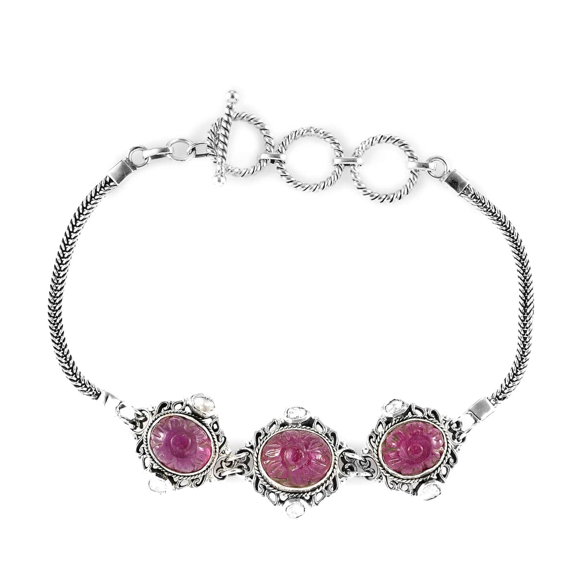 Artisan Crafted Niassa Ruby (FF) Carved and Polki Diamond Bracelet in Sterling Silver (7.25 In) 16.25 ctw image number 0