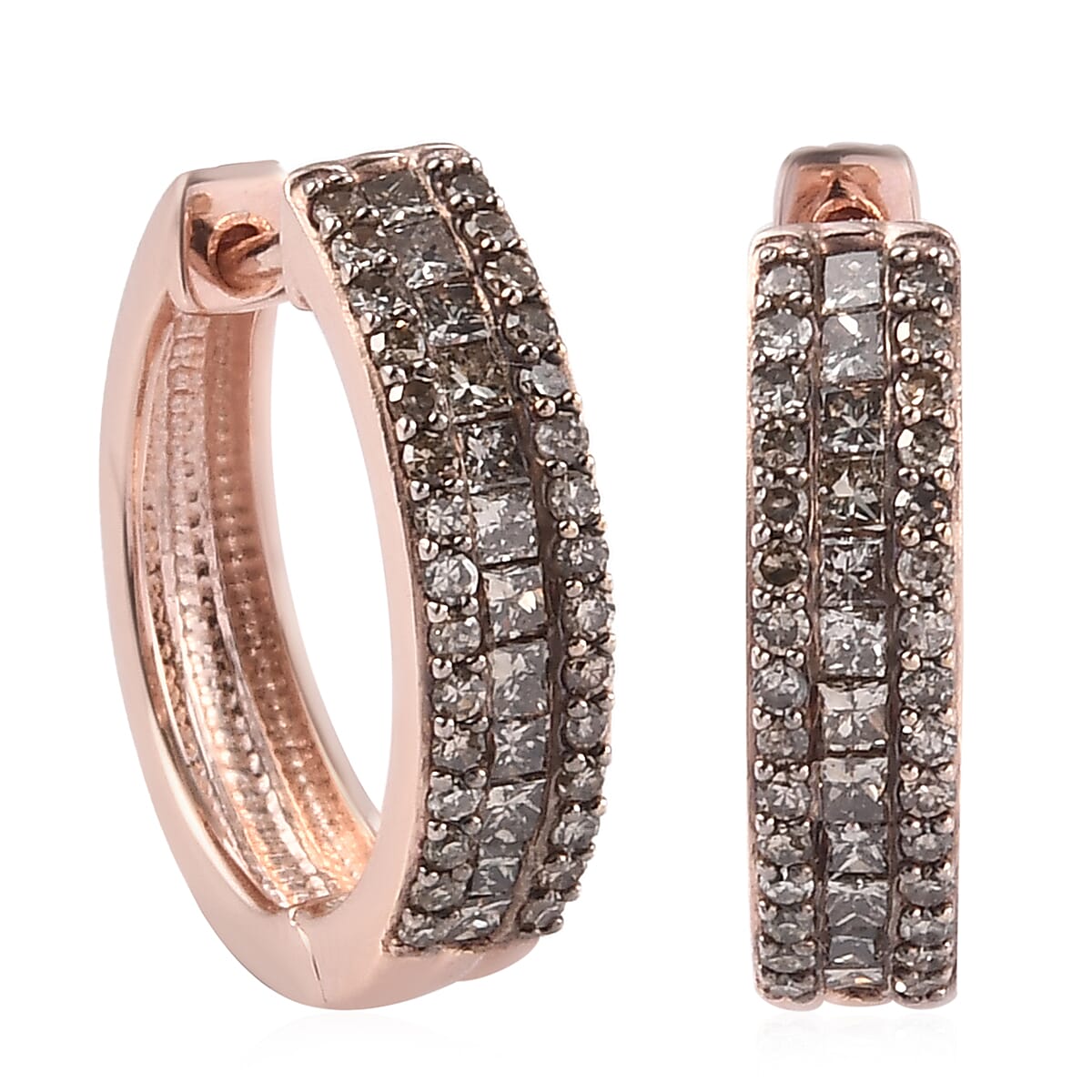 Natural Champagne Diamond Hoop Earrings in Rhodium and Vermeil Rose Gold Over Sterling Silver 1.00 ctw