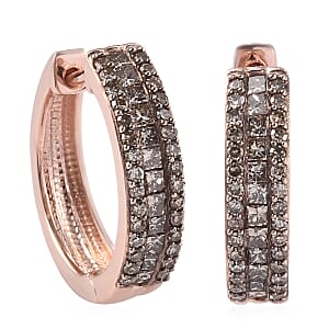 Natural Champagne Diamond Hoop Earrings in Rhodium and Vermeil Rose Gold Over Sterling Silver 1.00 ctw