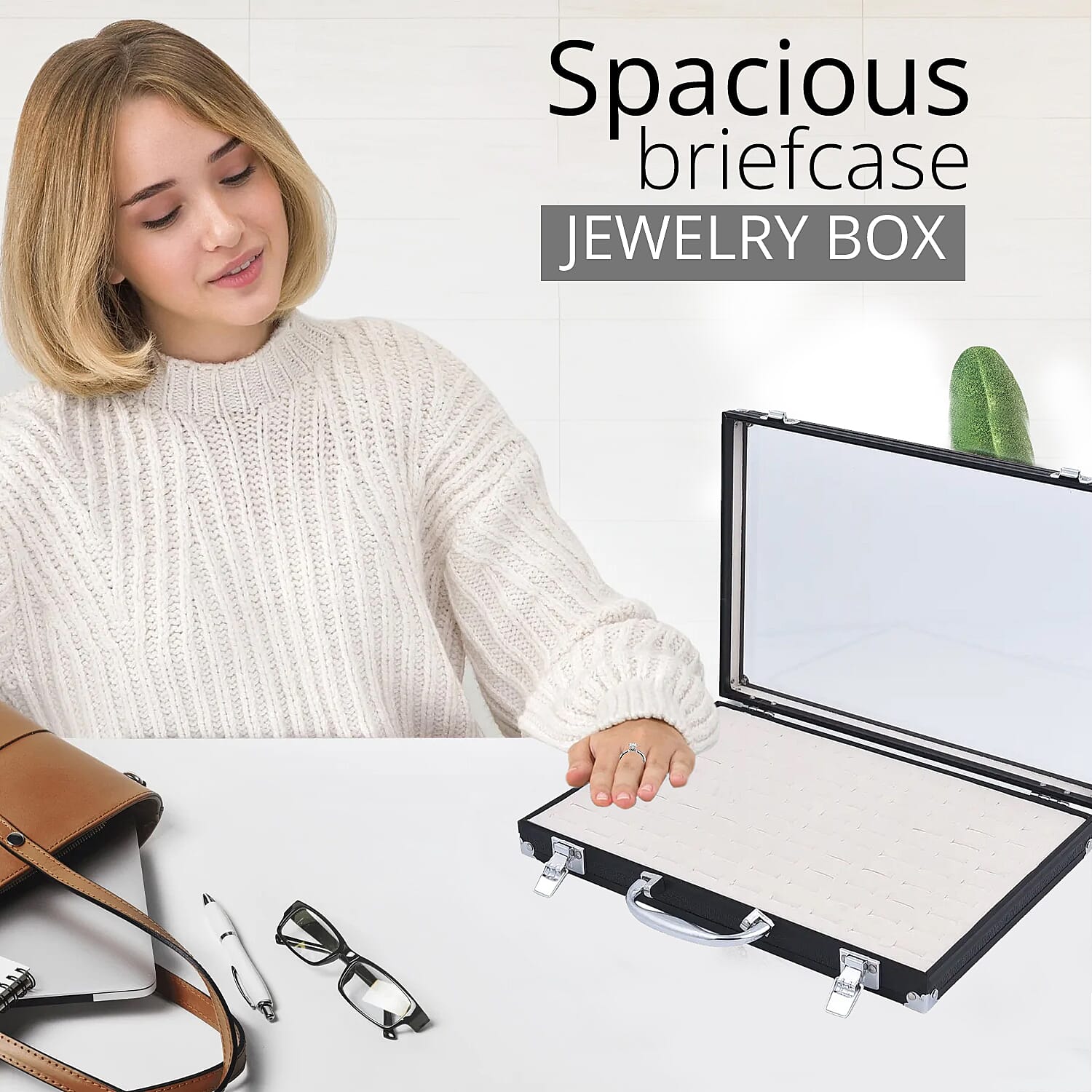 Black Faux Leather Velvet Interior Ring Jewelry Box with Steel Color Lock and Handle