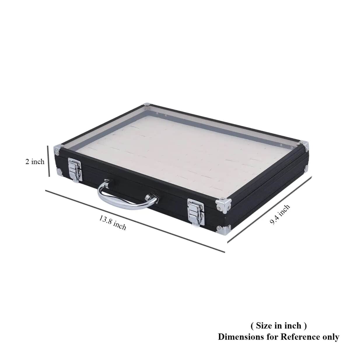 Black Faux Leather Velvet Interior Ring Jewelry Box with Steel Color Lock and Handle (13.8"x9.4"x2") image number 4