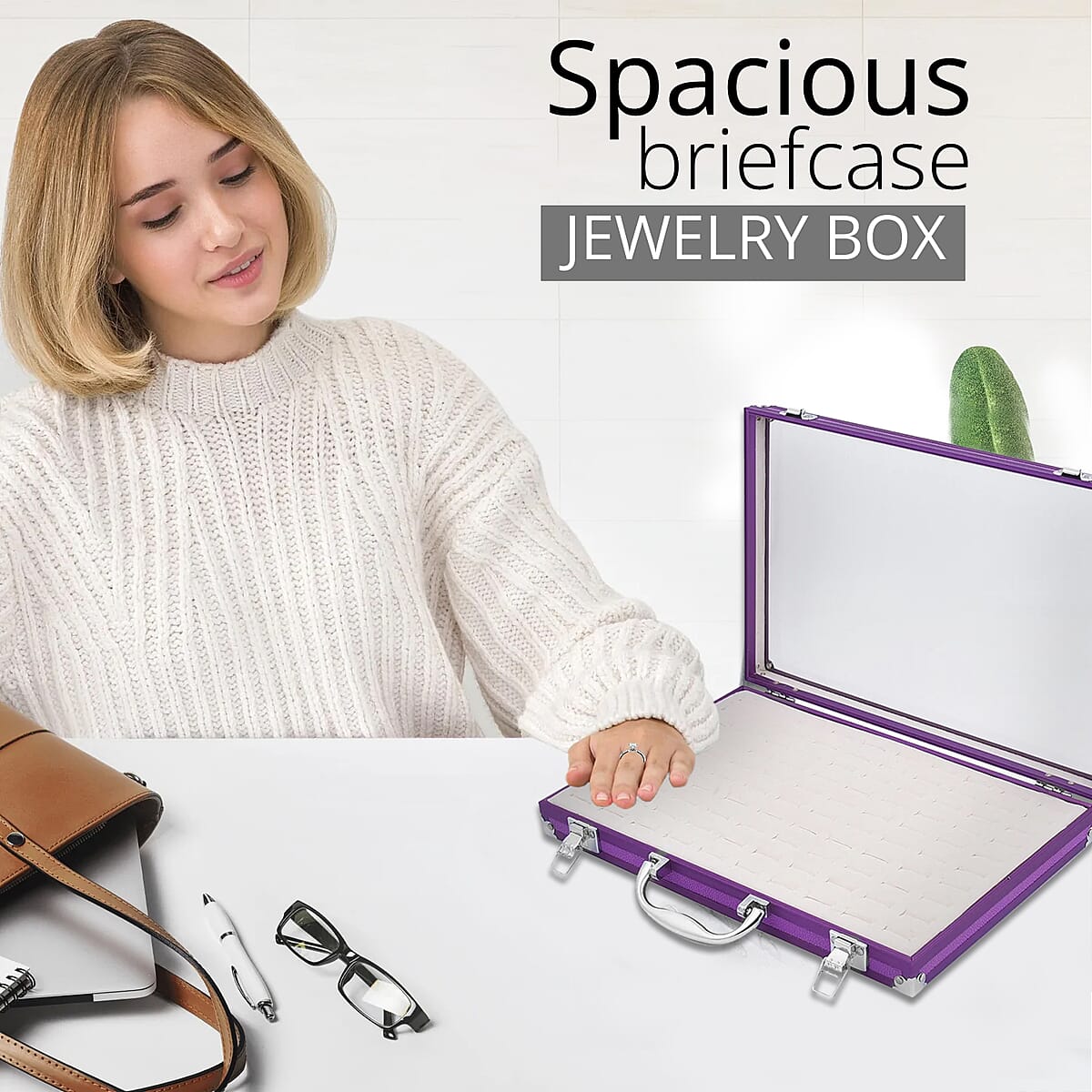 Purple Faux Leather Velvet Interior Ring Jewelry Box with Steel Color Lock and Handle image number 1