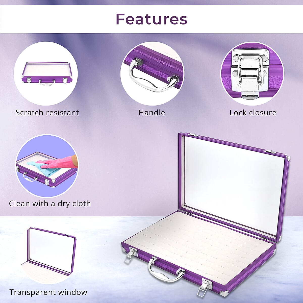 Purple Faux Leather Velvet Interior Ring Jewelry Box with Steel Color Lock and Handle image number 2