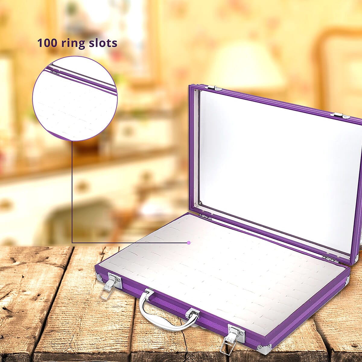 Purple Faux Leather Velvet Interior Ring Jewelry Box with Steel Color Lock and Handle image number 3