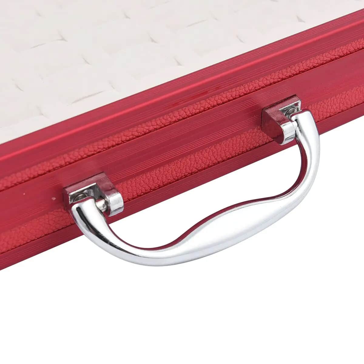 Red Faux Leather Velvet Interior Ring Jewelry Box with Steel Color Lock and Handle image number 6