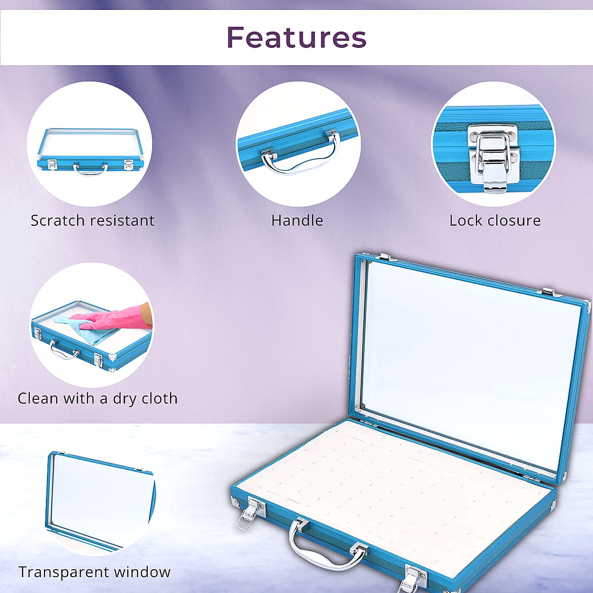 Teal Faux Leather Velvet Interior Ring Jewelry Box with Steel Color Lock and Handle image number 2