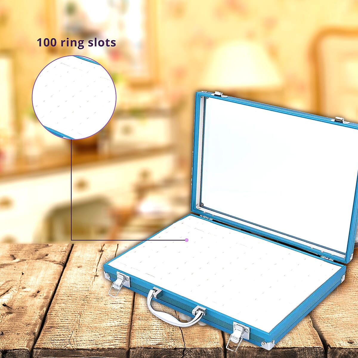 Teal Faux Leather Velvet Interior Ring Jewelry Box with Steel Color Lock and Handle image number 3