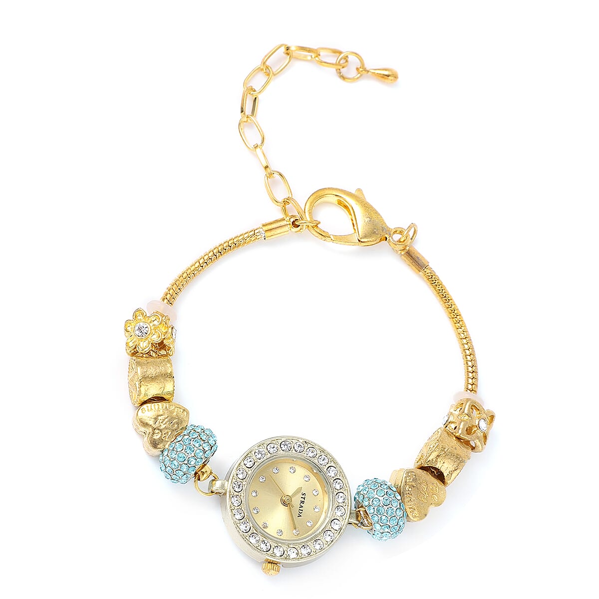 Strada Blue and White Crystal Japanese Movement Charm Bracelet Watch in Goldtone (up to 10.5 inches) image number 0