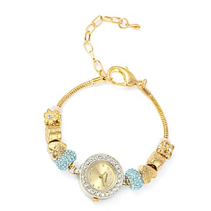 Strada Blue and White Crystal Japanese Movement Charm Bracelet Watch in Goldtone (up to 10.5 inches)