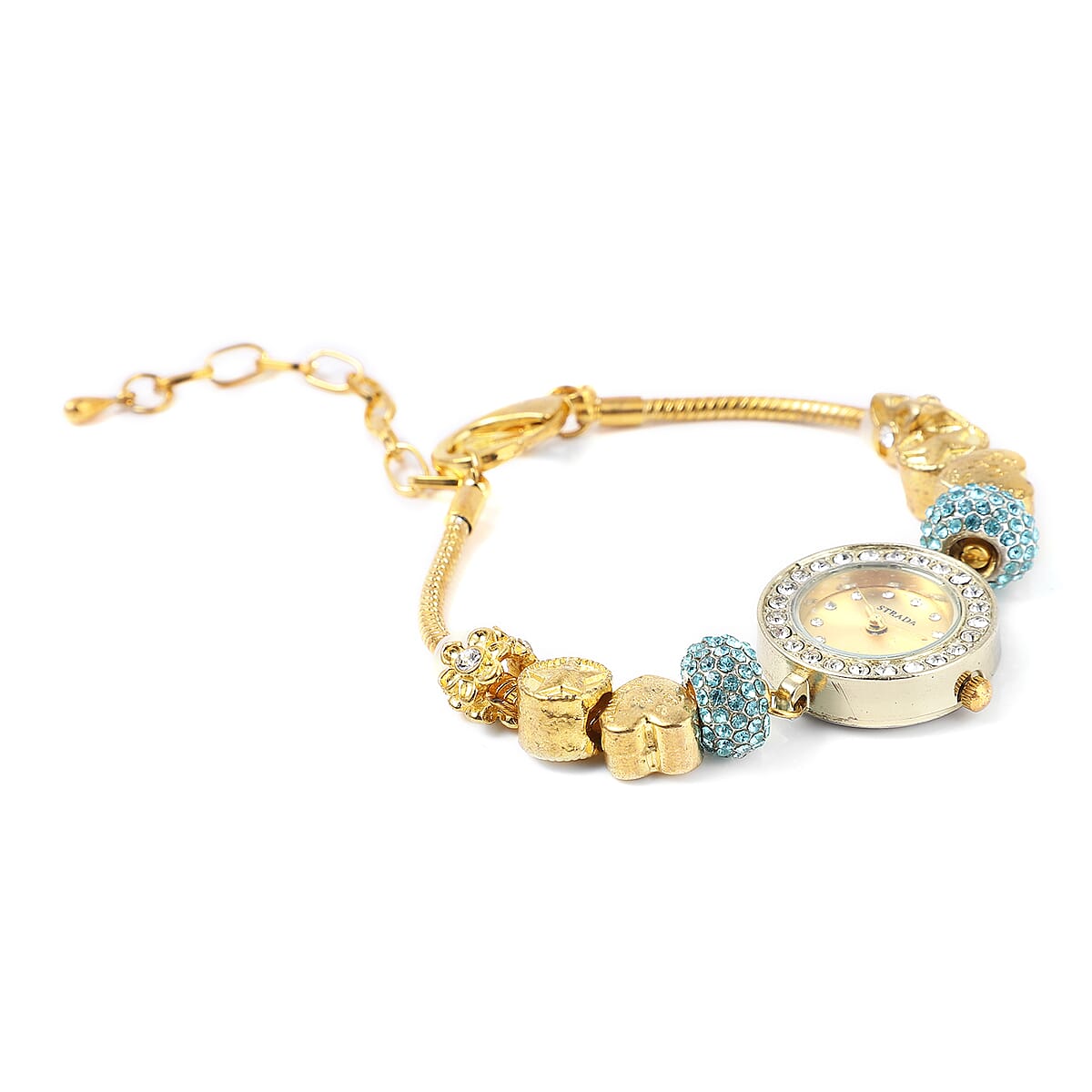 Strada Blue and White Crystal Japanese Movement Charm Bracelet Watch in Goldtone (up to 10.5 inches) image number 2