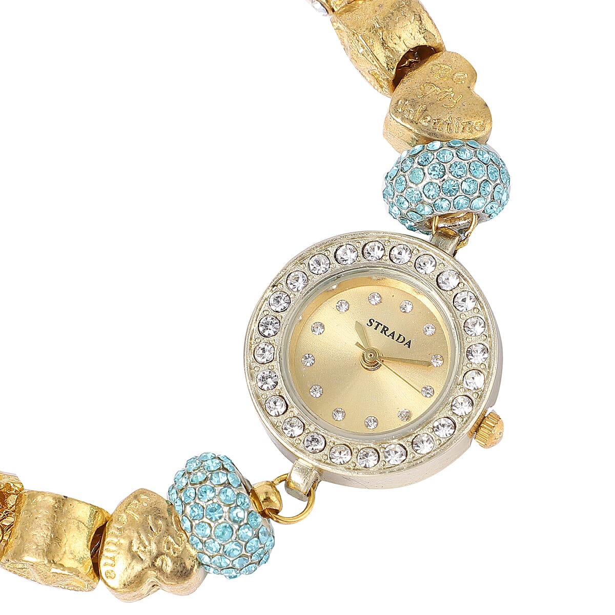 Strada Blue and White Crystal Japanese Movement Charm Bracelet Watch in Goldtone (up to 10.5 inches) image number 3