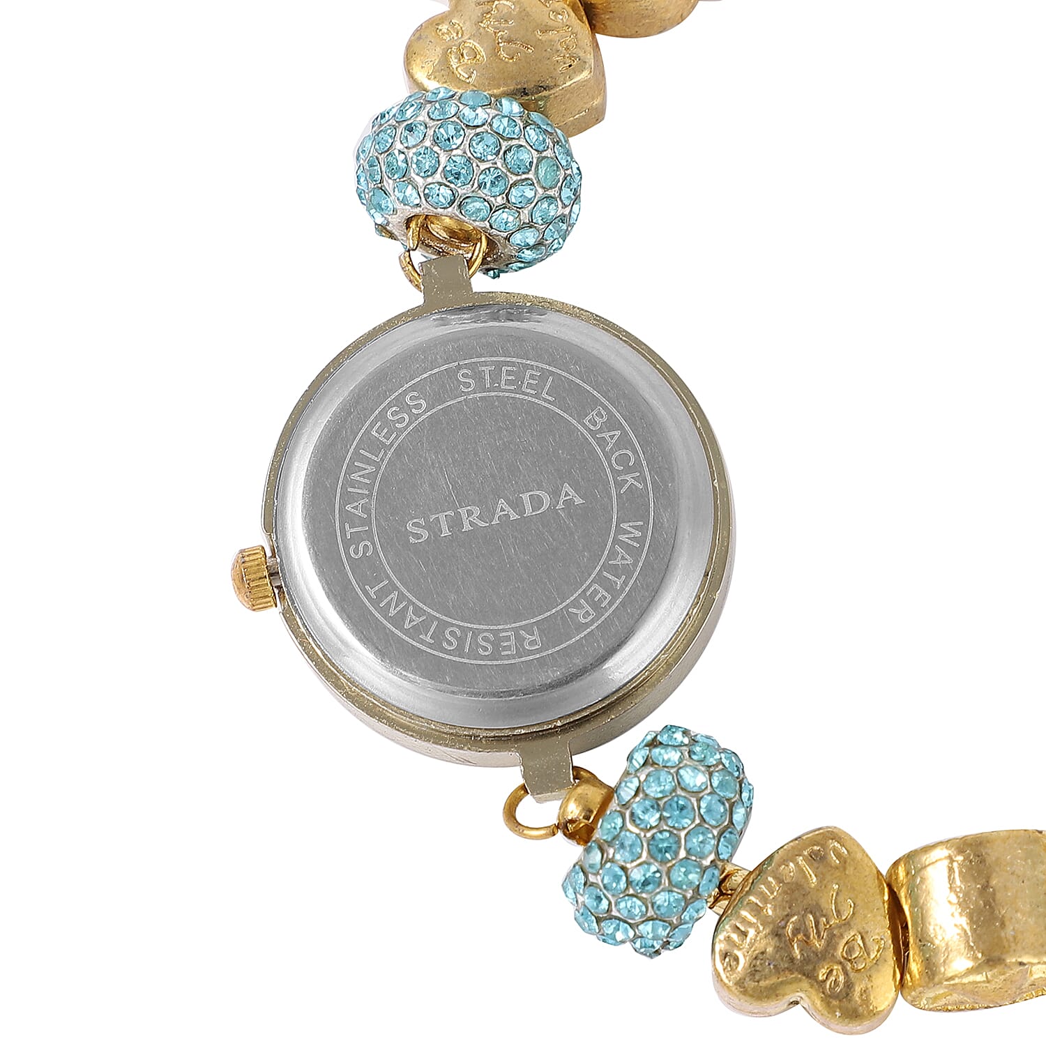 Strada Blue and White Crystal Japanese Movement Charm Bracelet Watch in Goldtone (up to 10.5 inches)