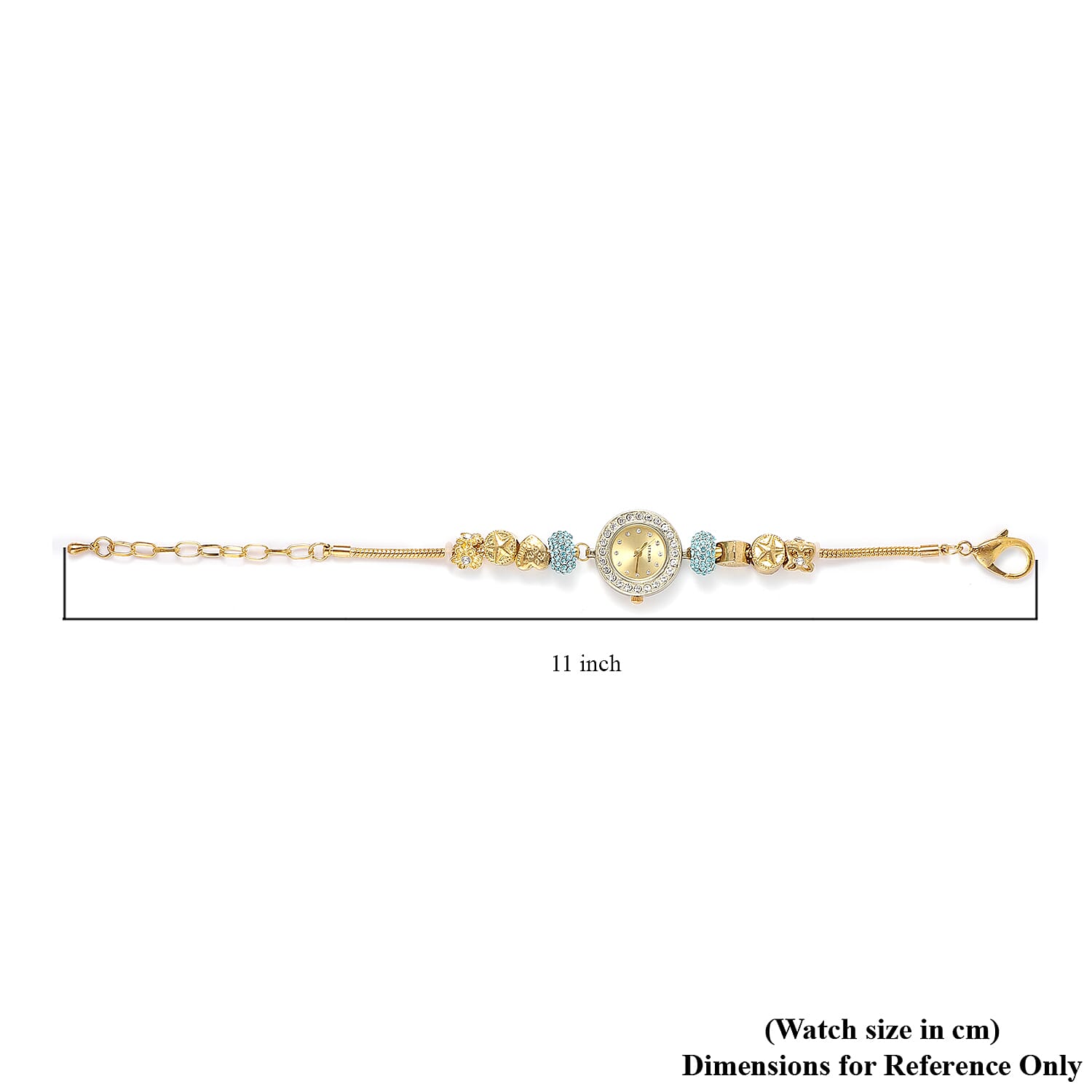 Strada Blue and White Crystal Japanese Movement Charm Bracelet Watch in Goldtone (up to 10.5 inches)