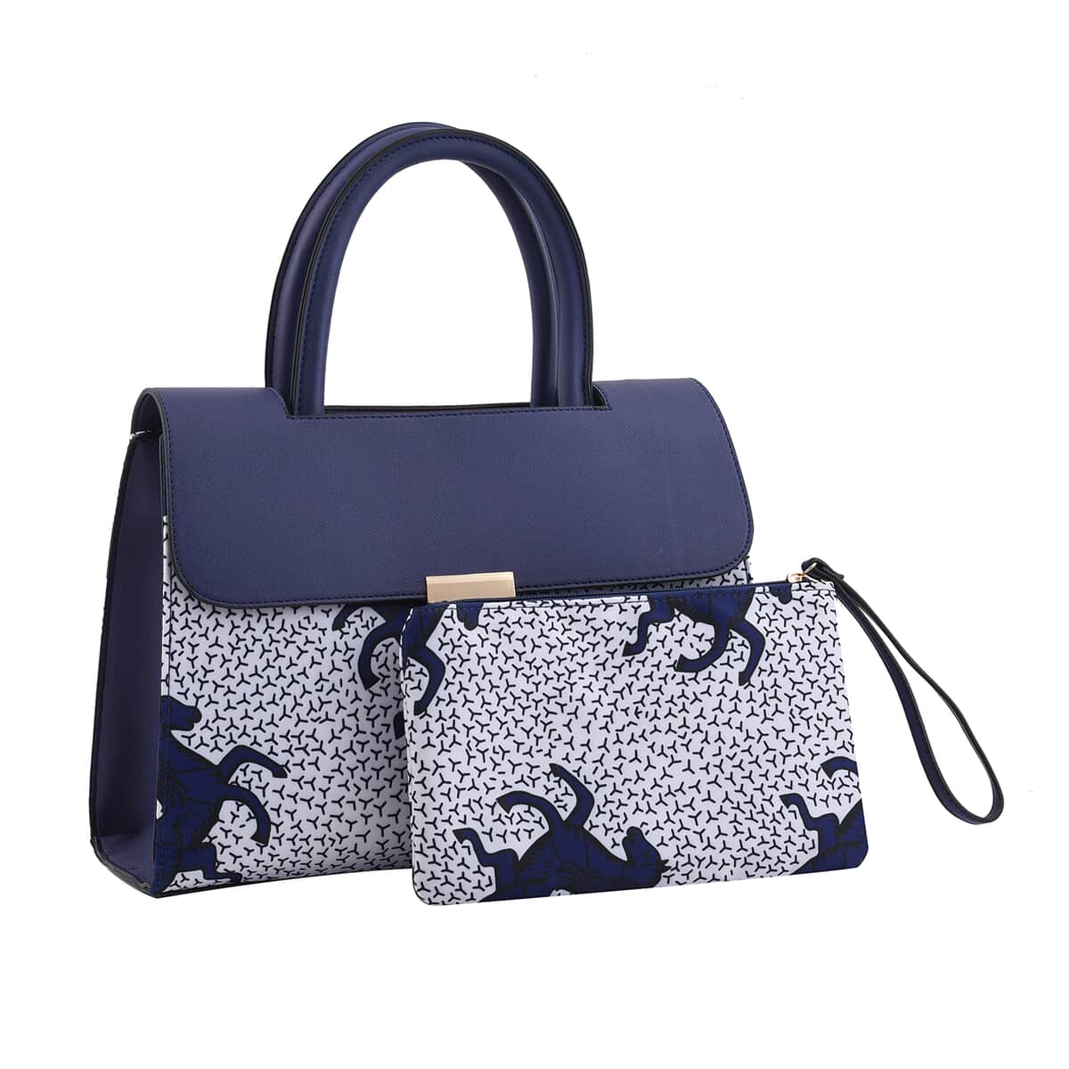 Set of 2 White and Blue Horse Pattern Nylon, Faux Leather Tote Bag and Clutch image number 0