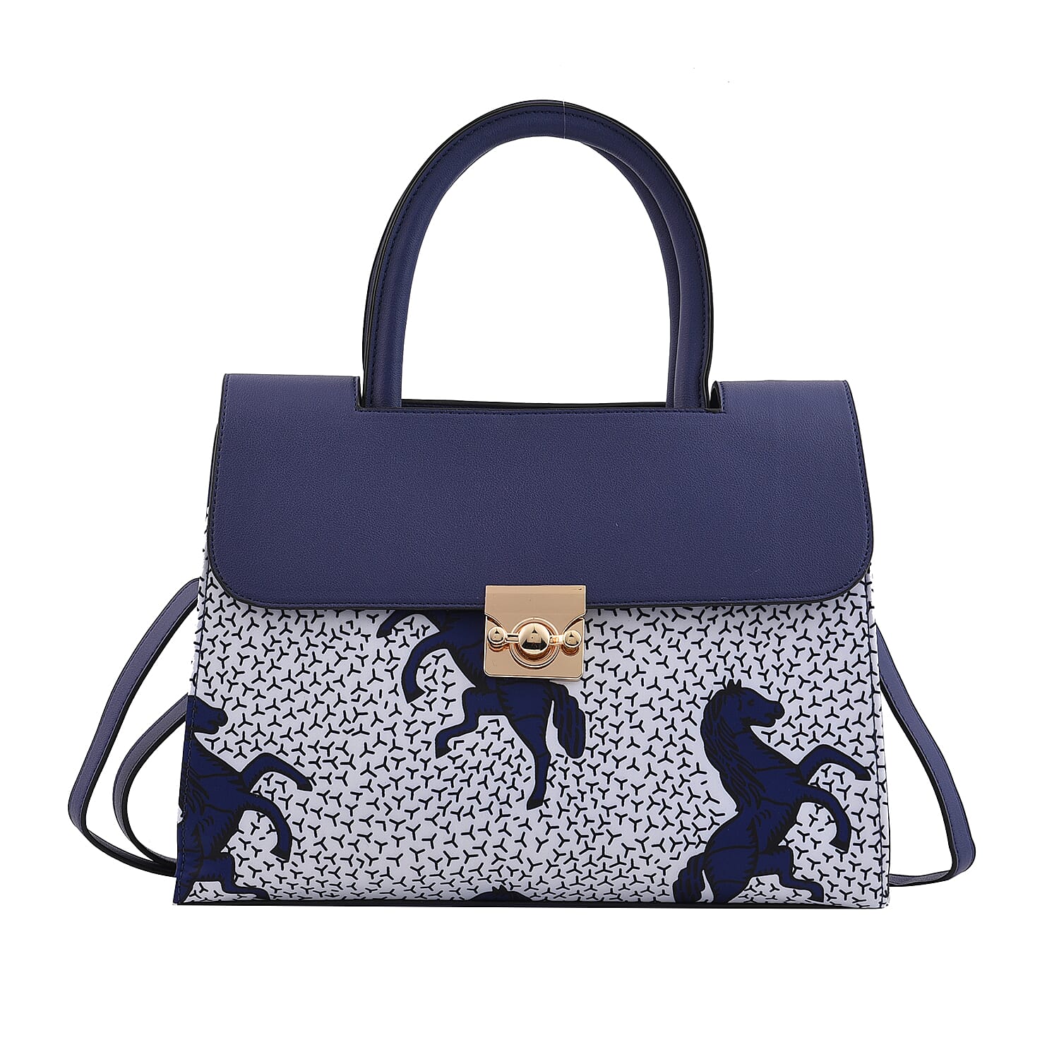 Set of 2 White and Blue Horse Pattern Nylon, Faux Leather Tote Bag and Clutch