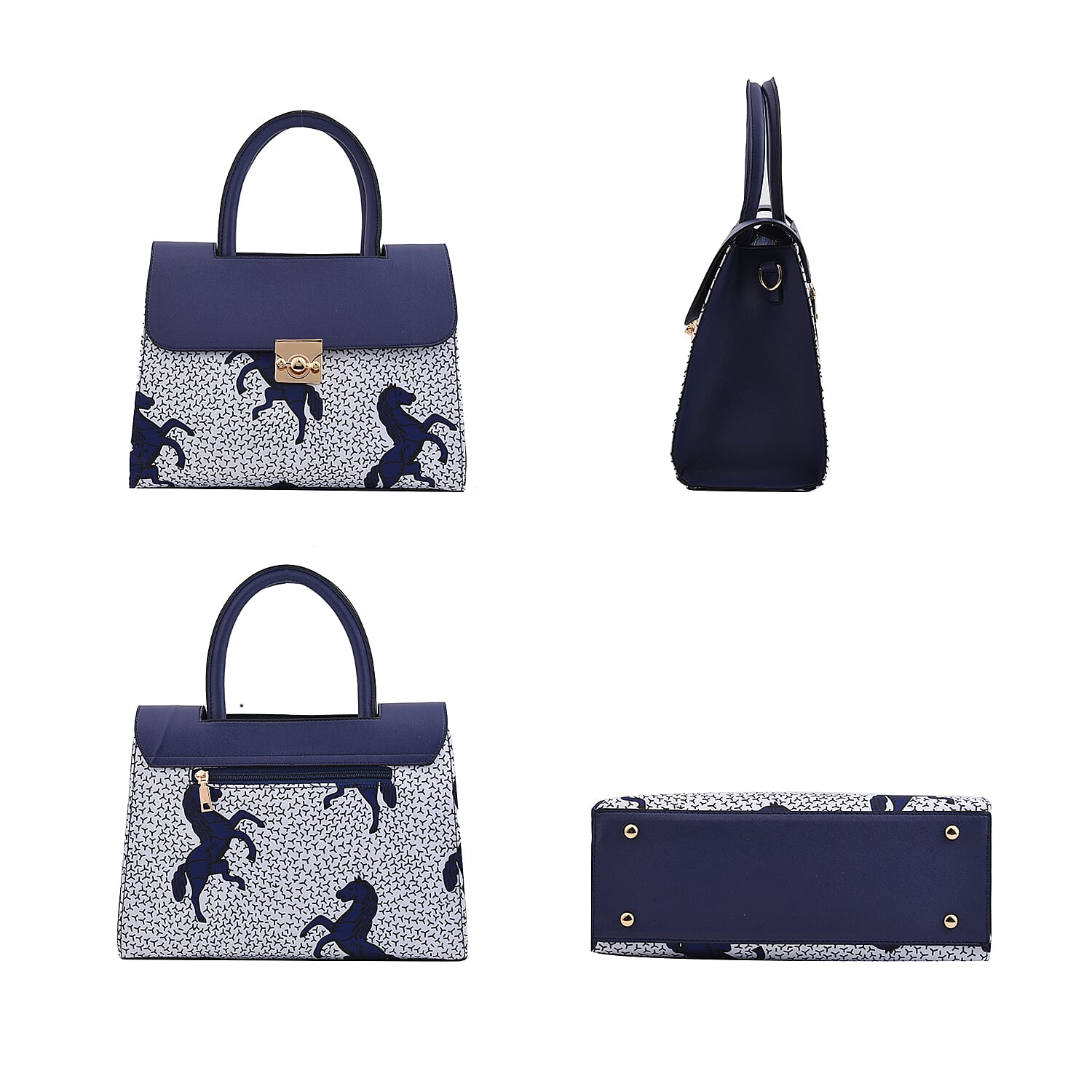 Set of 2 White and Blue Horse Pattern Nylon, Faux Leather Tote Bag and Clutch