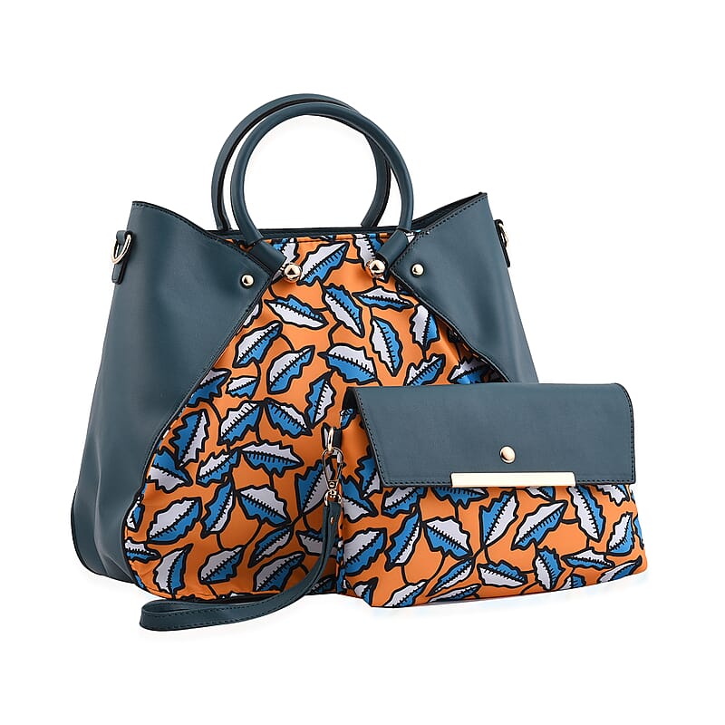 Set of 2 Teal and Yellow Leaf Pattern Nylon, Faux Leather Tote Bag and Clutch