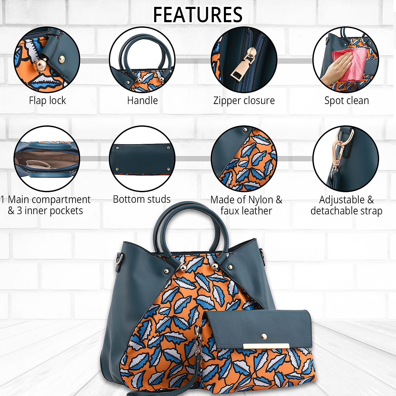 Set of 2 Teal and Yellow Leaf Pattern Nylon, Faux Leather Tote Bag and Clutch