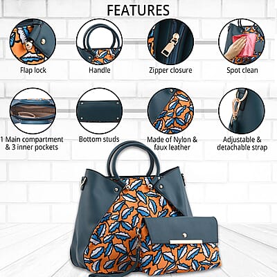 Set of 2 Teal and Yellow Leaf Pattern Nylon, Faux Leather Tote Bag and Clutch