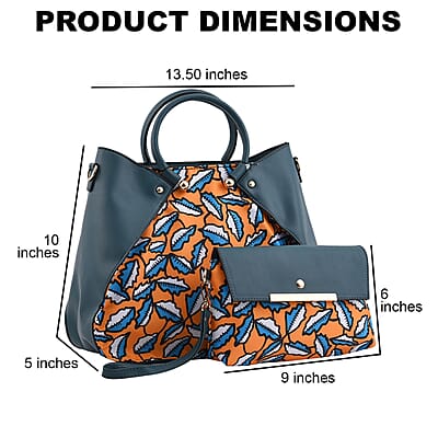 Set of 2 Teal and Yellow Leaf Pattern Nylon, Faux Leather Tote Bag and Clutch