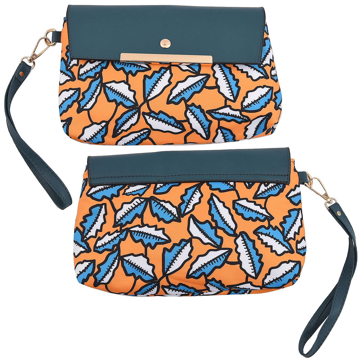 Set of 2 Teal and Yellow Leaf Pattern Nylon, Faux Leather Tote Bag and Clutch