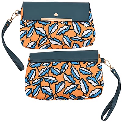 Set of 2 Teal and Yellow Leaf Pattern Nylon, Faux Leather Tote Bag and Clutch