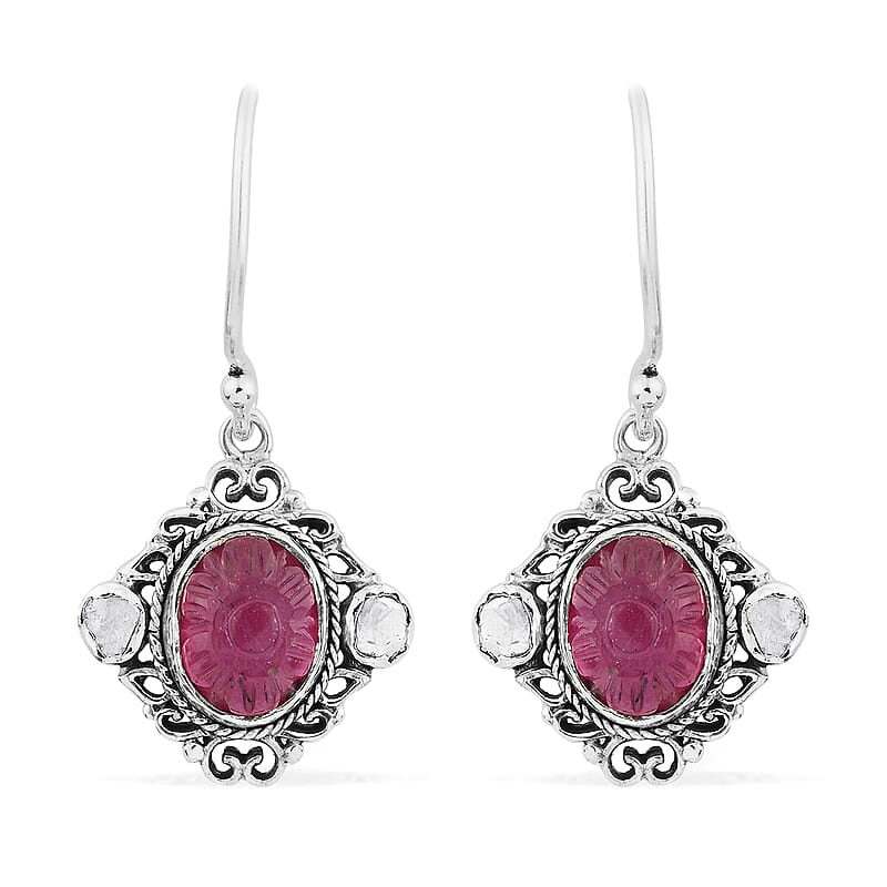 Artisan Crafted Niassa Ruby (FF) Carved and Polki Diamond Earrings in Sterling Silver 8.90 ctw