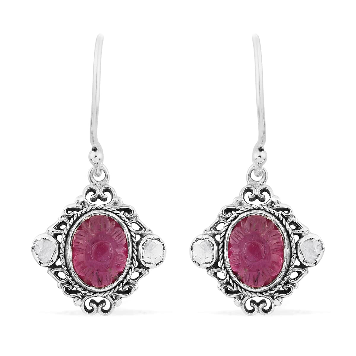 Artisan Crafted Niassa Ruby Carved and Polki Diamond Earrings in Sterling Silver 8.90 ctw image number 0
