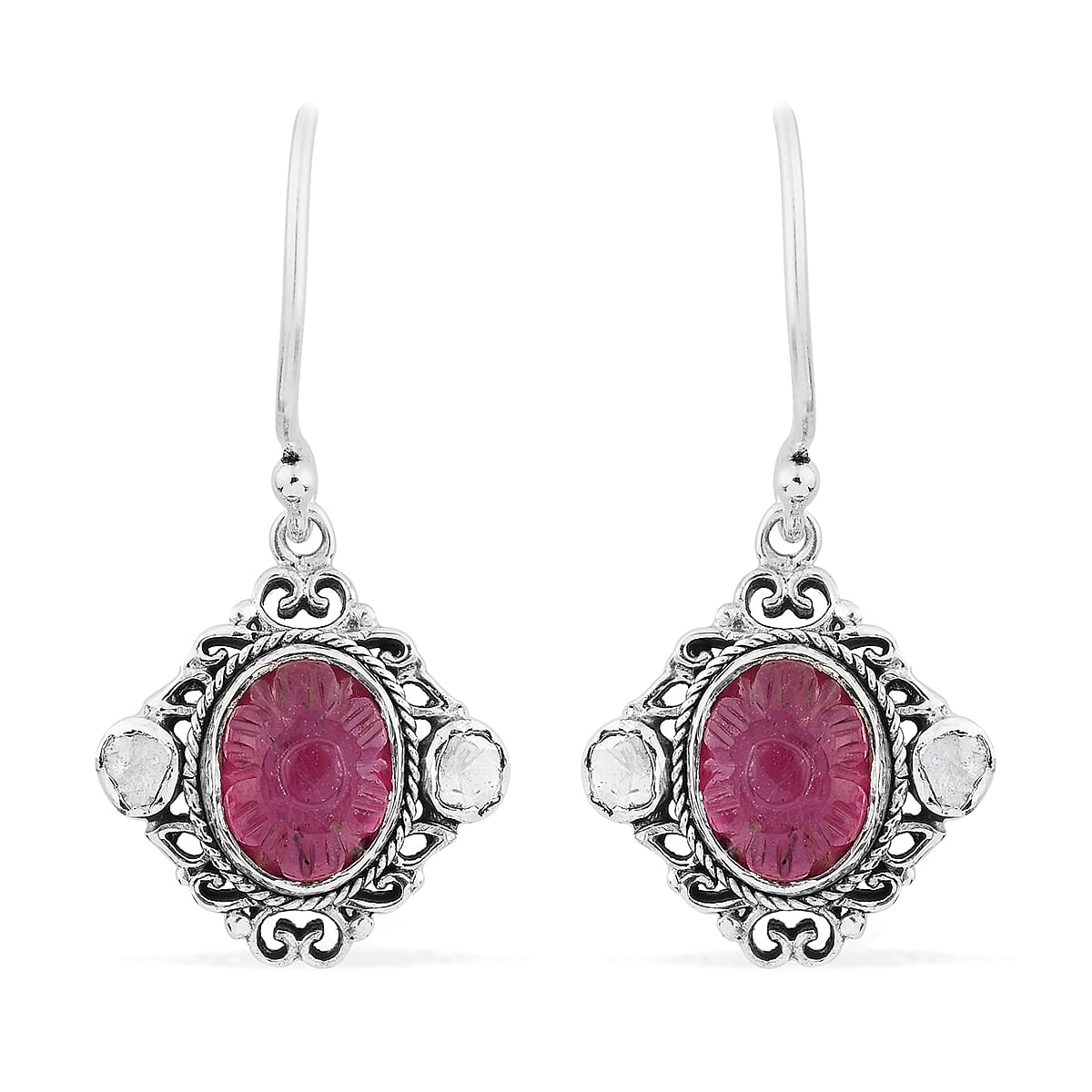 Artisan Crafted Niassa Ruby Carved and Polki Diamond Earrings in Sterling Silver 8.90 ctw image number 0