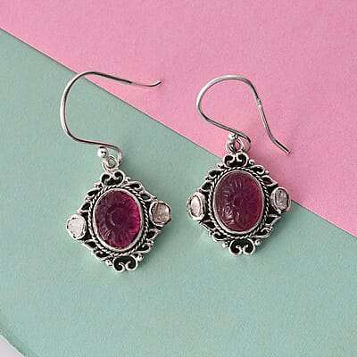 Artisan Crafted Niassa Ruby (FF) Carved and Polki Diamond Earrings in Sterling Silver 8.90 ctw