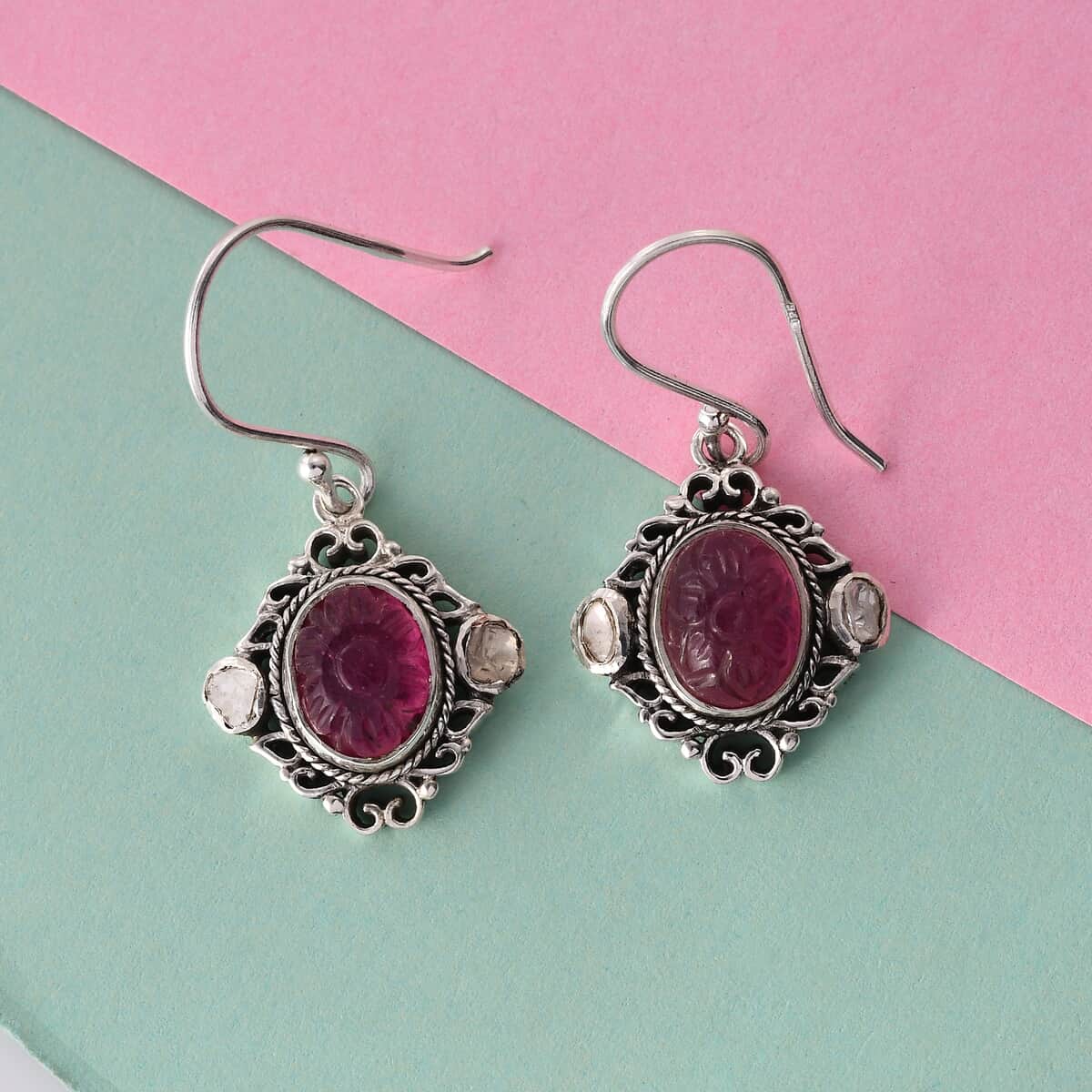 Artisan Crafted Niassa Ruby Carved and Polki Diamond Earrings in Sterling Silver 8.90 ctw image number 1