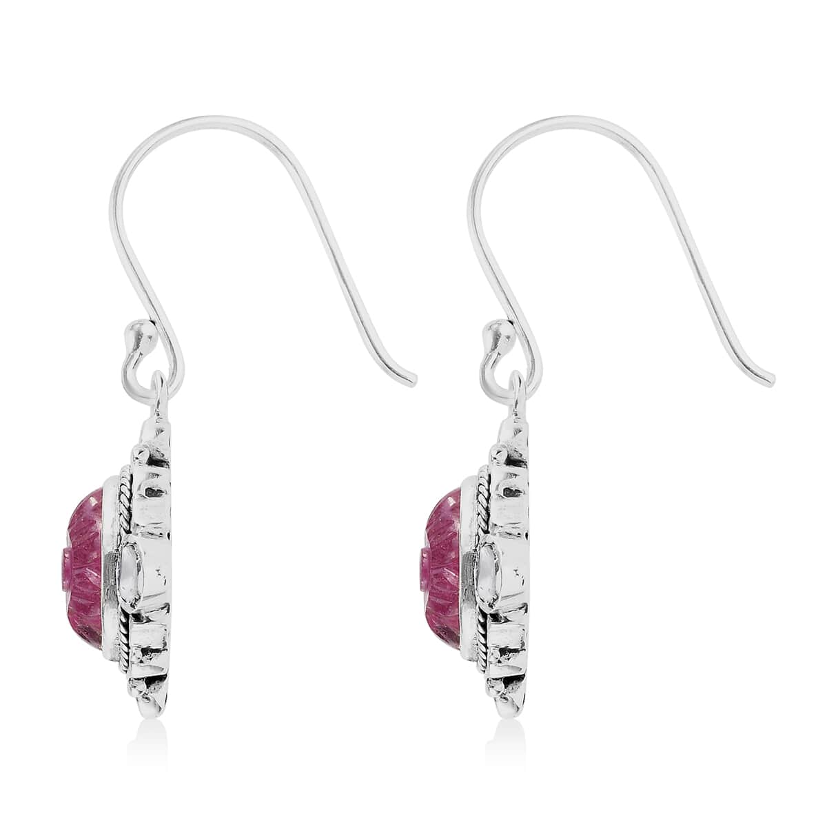 Artisan Crafted Niassa Ruby (FF) Carved and Polki Diamond Earrings in Sterling Silver 8.90 ctw image number 3