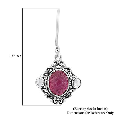 Artisan Crafted Niassa Ruby (FF) Carved and Polki Diamond Earrings in Sterling Silver 8.90 ctw