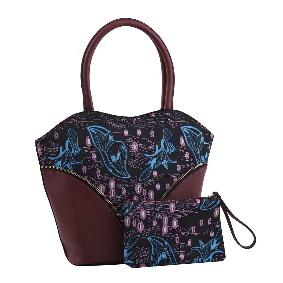 Set of 2 Wine Red and Floral Pattern Nylon, Faux Leather Tote Bag and Clutch image number 0