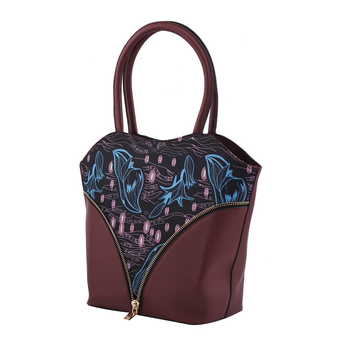 Set of 2 Wine Red and Floral Pattern Nylon, Faux Leather Tote Bag and Clutch image number 3