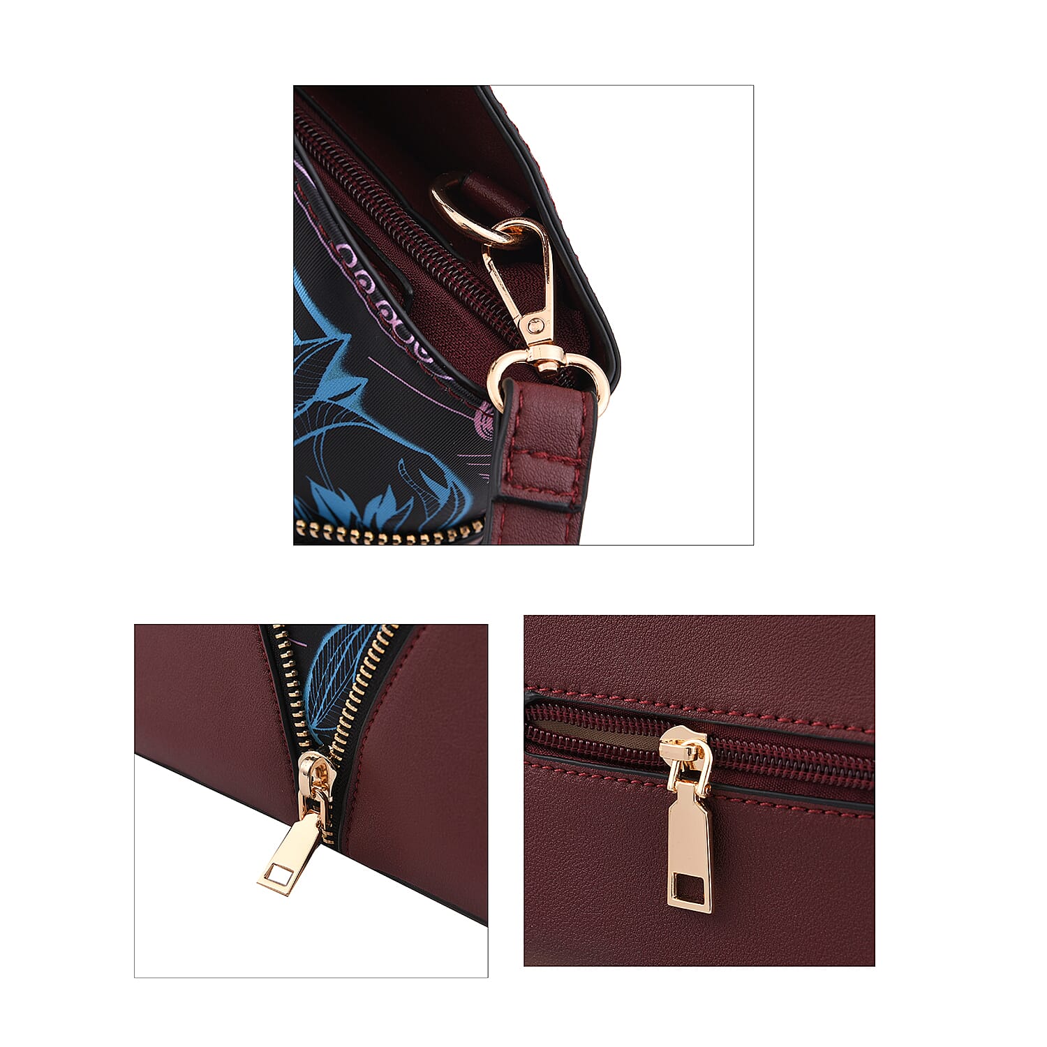 Set of 2 Wine Red and Floral Pattern Nylon, Faux Leather Tote Bag and Clutch
