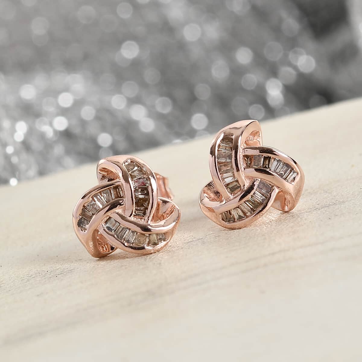 Natural Champagne Diamond Knotted Stud Earrings in Vermeil Rose Gold Over Sterling Silver 0.25 ctw image number 1