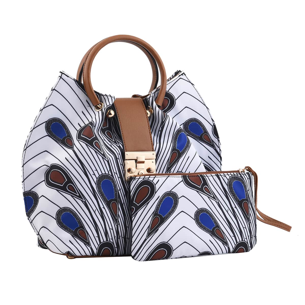 Set of 2 Brown and White & Blue Feather Pattern Nylon, Faux Leather Tote Bag and Clutch image number 0