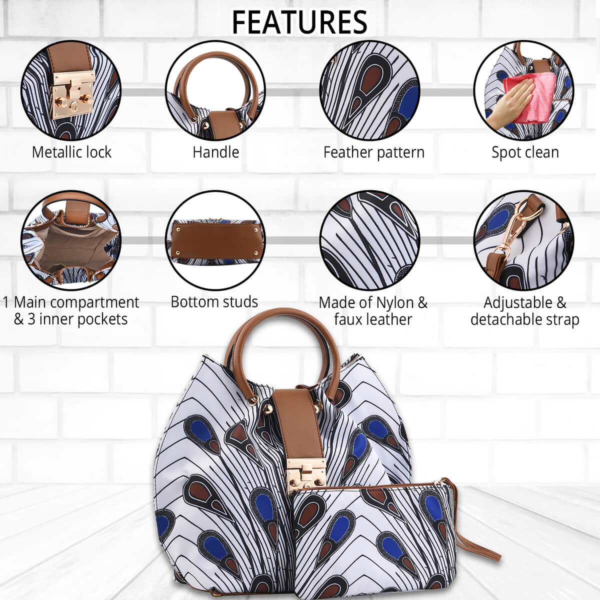 Set of 2 Brown and White & Blue Feather Pattern Nylon, Faux Leather Tote Bag and Clutch image number 1
