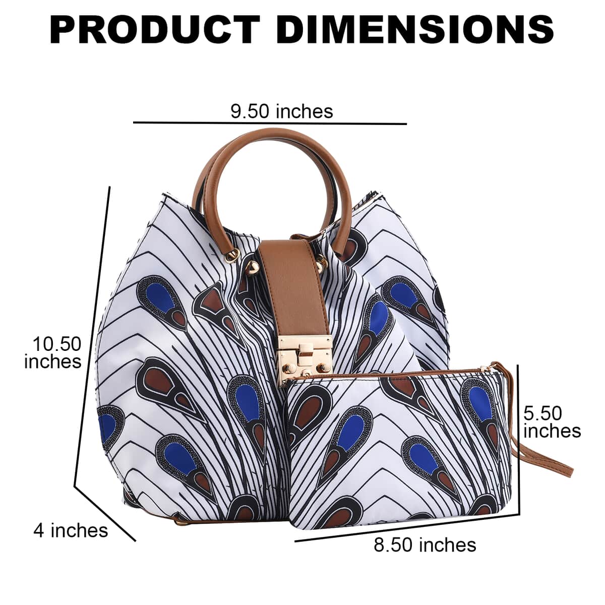 Set of 2 Brown and White & Blue Feather Pattern Nylon, Faux Leather Tote Bag and Clutch image number 2
